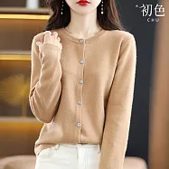 【初色】純色針織單排釦長袖外套女上衣-3款任選-39131(M-2XL可選) XL A.金駝色