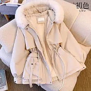 【初色】韓系純色科技羽絨棉服加絨厚皮連帽口袋收腰長袖外套女外套-共4色-39171(M-3XL可選) M 米白色
