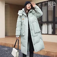 【初色】韓版莫蘭迪色系中長款可拆卸式連帽加厚科技羽絨棉外套女外套-共4色-39124(M-36XL可選) M 綠色