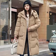 【初色】韓版莫蘭迪色系中長款可拆卸式連帽加厚科技羽絨棉外套女外套-共4色-39124(M-19XL可選) XL 卡其色