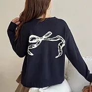 【MsMore】 短款上衣長袖V領蝴蝶結印花單排扣針織# 124068 FREE 黑色