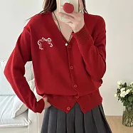 【MsMore】 短款上衣長袖V領蝴蝶結印花單排扣針織# 124068 FREE 紅色