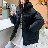 【初色】韓版純色拉鍊口袋長袖插肩袖連帽科技羽絨棉服外套女外套-共3色-39177(M-2XL可選) 2XL 黑色