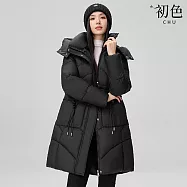 【初色】洋氣中長款純色拉鍊口袋立領長袖插肩袖連帽科技羽絨棉服外套女外套-共5色-39158(M-3XL可選) 2XL 黑色