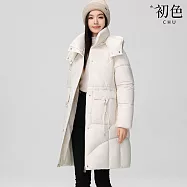 【初色】洋氣中長款純色拉鍊口袋立領長袖插肩袖連帽科技羽絨棉服外套女外套-共5色-39158(M-3XL可選) M 白色