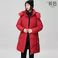 【初色】洋氣中長款純色拉鍊口袋立領長袖插肩袖連帽科技羽絨棉服外套女外套-共5色-39158(M-3XL可選) 2XL 紅色