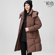 【初色】洋氣中長款純色拉鍊口袋立領長袖插肩袖連帽科技羽絨棉服外套女外套-共5色-39158(M-3XL可選) M 咖啡色