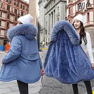 【初色】韓版純色中長款毛領長袖連帽派克服外套女外套-共5色-39178(M-2XL可選) M 藍色