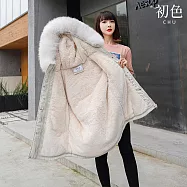 【初色】韓版純色中長款毛領長袖連帽派克服外套女外套-共5色-39178(M-2XL可選) L 米白色
