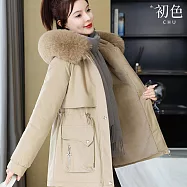 【初色】韓版棉服加絨抽繩拉鏈口袋連帽大毛領風衣長袖外套女外套-共5色-39179(M-3XL可選) 2XL 卡其色