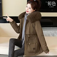 【初色】韓版棉服加絨抽繩拉鏈口袋連帽大毛領風衣長袖外套女外套-共5色-39179(M-3XL可選) XL 咖啡色