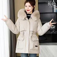 【初色】韓版棉服加絨抽繩拉鏈口袋連帽大毛領風衣長袖外套女外套-共5色-39179(M-3XL可選) 2XL 白色