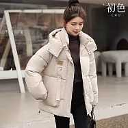 【初色】韓系純色棉服寬鬆短款連帽口袋拉鍊外套女外套-共4色-39186(M-2XL可選) L 米白色