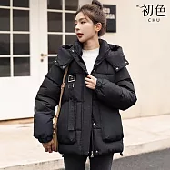 【初色】韓系純色棉服寬鬆短款連帽口袋拉鍊外套女外套-共4色-39186(M-2XL可選) 2XL 黑色