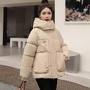 【初色】韓系純色棉服寬鬆短款連帽口袋拉鍊外套女外套-共4色-39186(M-2XL可選) M 卡其色