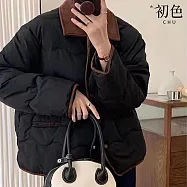 【初色】學院風短款撞色條絨單排釦口袋翻領長袖麵包服外套女外套-共4色-39189(M-2XL可選) XL 黑色