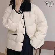 【初色】學院風短款撞色條絨單排釦口袋翻領長袖麵包服外套女外套-共4色-39189(M-2XL可選) XL 米白色