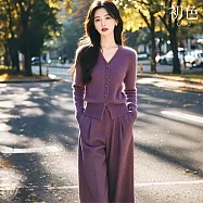 【初色】單排釦V領長袖襯衫上衣女上衣+純色休閒褲寬褲長褲套裝-紫色-39228(F可選) F 紫色