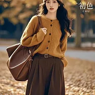 【初色】純色圓領長袖單排釦毛衣女上衣+西裝褲長褲寬褲休閒褲套裝-卡其衣咖褲-39240(M-XL可選) M 卡其衣咖褲