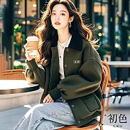 【初色】小香風翻領長袖加絨夾克棒球服外套女外套-軍綠色-39266(M-XL可選) XL 軍綠色