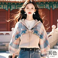 【初色】慵懶風假兩件長袖格紋拼接連帽T恤上衣女外套-米杏色-39267(M-3XL可選) XL 米杏色