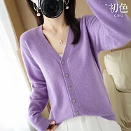 【初色】韓版純色單排釦V領長袖開衫打底衫針織外套女外套-共8色-39132(M-2XL可選) 2XL 淺紫色