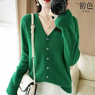 【初色】韓版純色單排釦V領長袖開衫打底衫針織外套女外套-共8色-39132(M-2XL可選) L 綠色