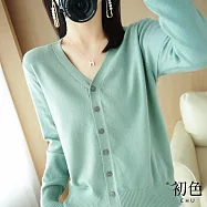 【初色】韓版純色單排釦V領長袖開衫打底衫針織外套女外套-共8色-39132(M-2XL可選) 2XL 淺綠色