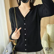 【初色】韓版純色單排釦V領長袖開衫打底衫針織外套女外套-共8色-39132(M-2XL可選) XL 黑色