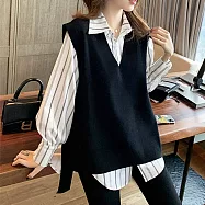 【MsMore】 Polo領豎條長袖中長襯衫+馬甲針織背心大碼兩件式套裝上衣# 124180 M 黑色