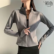 【初色】純色拼接休閒加絨拉鍊立領修身長袖騎行服運動外套女外套-共5色-39119(M-2XL可選) M 灰色