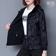 【初色】兩面穿純色迷彩短款長袖連帽夾克風衣外套女外套-共5色-39151(M-4XL可選) 4XL 黑色