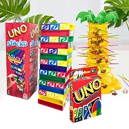 【家庭鬥智組】MATTEL美泰兒遊戲套組(UNO疊疊樂+(紅)UNO遊戲卡+跳跳猴大挑戰25週年版)