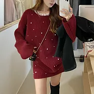 【MsMore】 氣質溫柔套裝絕釘珠毛衣長袖針織半身短裙過年氛圍2件式# 124237 FREE 紅色