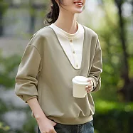 【MsMore】 簡約撞色假兩件長袖設計感獨特別緻短版上衣# 124245 L 綠色