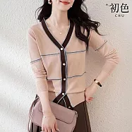 【初色】法式撞色縫線條紋拼接V領顯瘦單排釦長袖針織衫上衣女上衣-共2色-37287(F可選) F 杏色