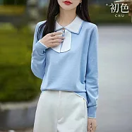 【初色】法式拼色珍珠扣飄帶螺紋娃娃領長袖針織衫上衣女上衣-共3色-37285(F可選) F 天藍色