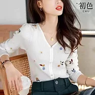 【初色】法式小刺繡針織V領長袖毛衣T恤針織衫上衣女上衣-共4色-37300(F可選) F 白色