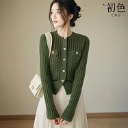 【初色】法式復古圓領小香風金鈕扣長袖針織衫上衣女上衣-綠色-39510(F可選) F 綠色