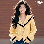 【初色】慵懶風撞色拼接單排釦海軍V領長袖開衫毛衣針織衫上衣女上-黃色-39514(F可選) F 黃色