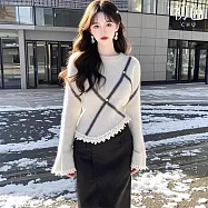 【初色】韓系慵懶風線條不規則蕾絲花邊圓領長袖內搭針織衫上衣女上衣-白色-39494(F可選) F 白色