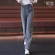 【初色】休閒純色百搭垂感高腰顯瘦燈芯絨坑條闊腿褲寬褲長褲-共4色-39483(M/L可選) M 灰色