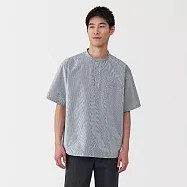【MUJI 無印良品】男涼感亨利領短袖布帛T恤 M 深藍直紋