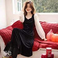 【初色】法式絲絨拼接收腰顯瘦傘擺方領長袖連衣裙連身洋裝長洋裝-黑色-10194(M-2XL可選) M 黑色