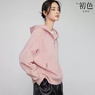 【初色】美式復古純色半拉鍊大口袋寬鬆連帽帽T上衣女上衣-共4色-10196(M-XL可選) L 粉色