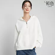【初色】美式復古純色半拉鍊大口袋寬鬆連帽帽T上衣女上衣-共4色-10196(M-XL可選) M 白色