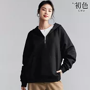 【初色】美式復古純色半拉鍊大口袋寬鬆連帽帽T上衣女上衣-共4色-10196(M-XL可選) L 黑色