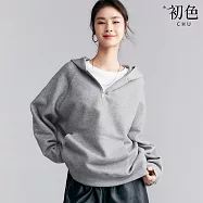 【初色】美式復古純色半拉鍊大口袋寬鬆連帽帽T上衣女上衣-共4色-10196(M-XL可選) L 灰色