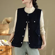 【ACheter】 復古棉燈芯絨馬甲大口袋純色圓領單排扣背心短版外套# 124306 M 藏青色