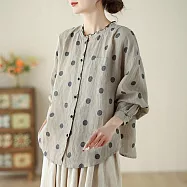 【ACheter】 棉麻感復古國風原創田園波點雨露長袖襯衫做舊木耳領短版上衣# 124365 L 米色